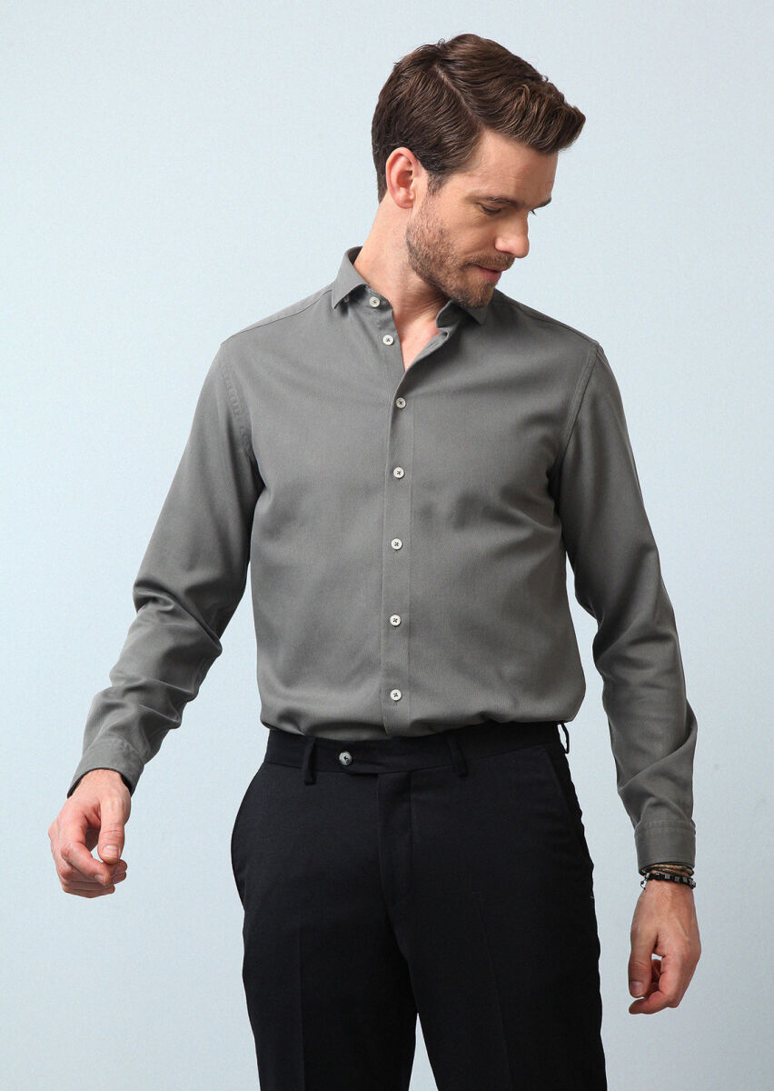 Haki Regular Fit Dokuma Casual Pamuk Karışımlı Gömlek - 3