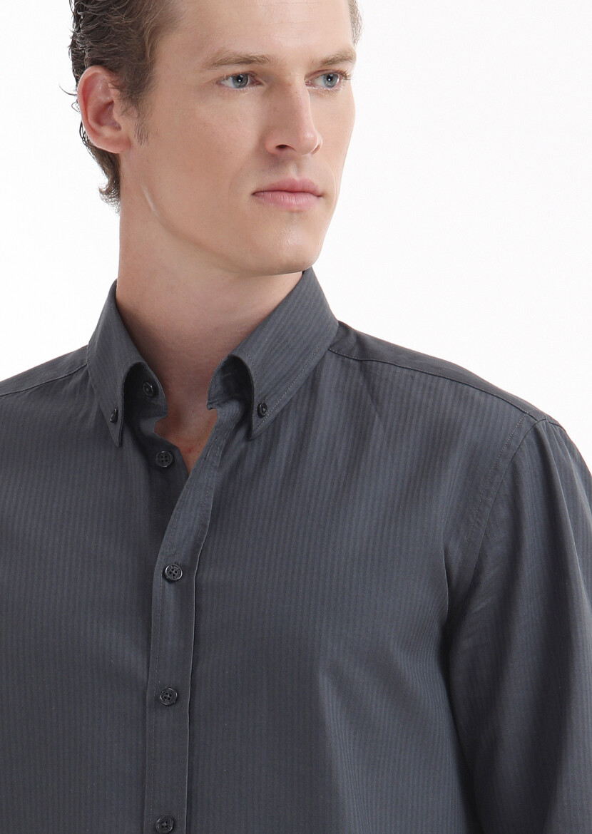 Hard Coal Plain Regular Fit Weaving Casual 100% Cotton Shirt - 4