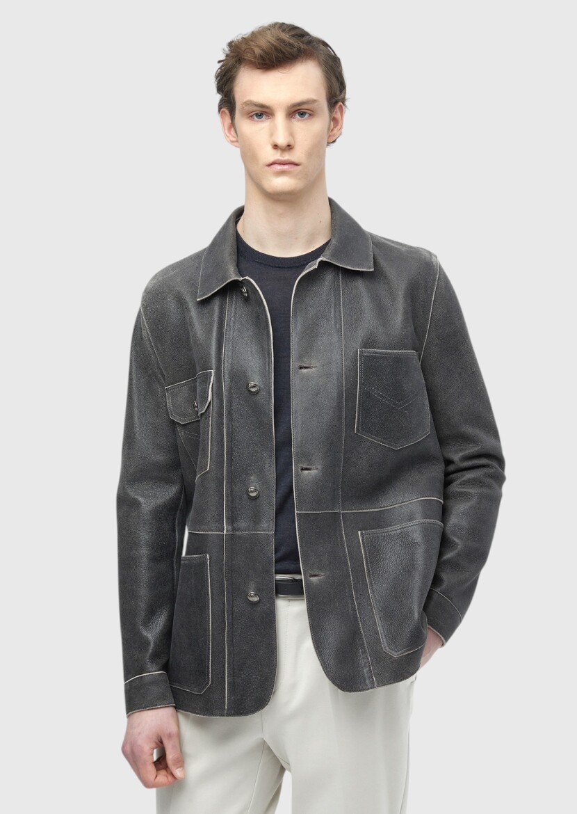 Hard Coal Regular Fit Shirt Collar Casual Leather Leather Coat - RAMSEY