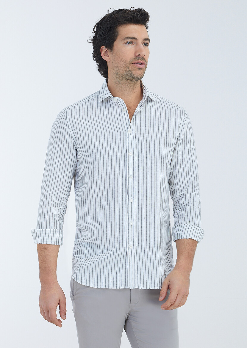 Hard Coal Striped Regular Fit Weaving Casual Cotton Blended Shirt 