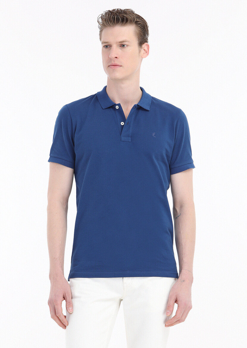 İndigo Baskılı Polo Yaka %100 Pamuk T-Shirt 