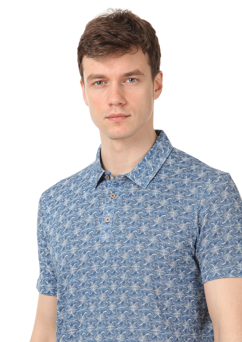 İndigo Baskılı Polo Yaka Keten Karışımlı T-Shirt - 2