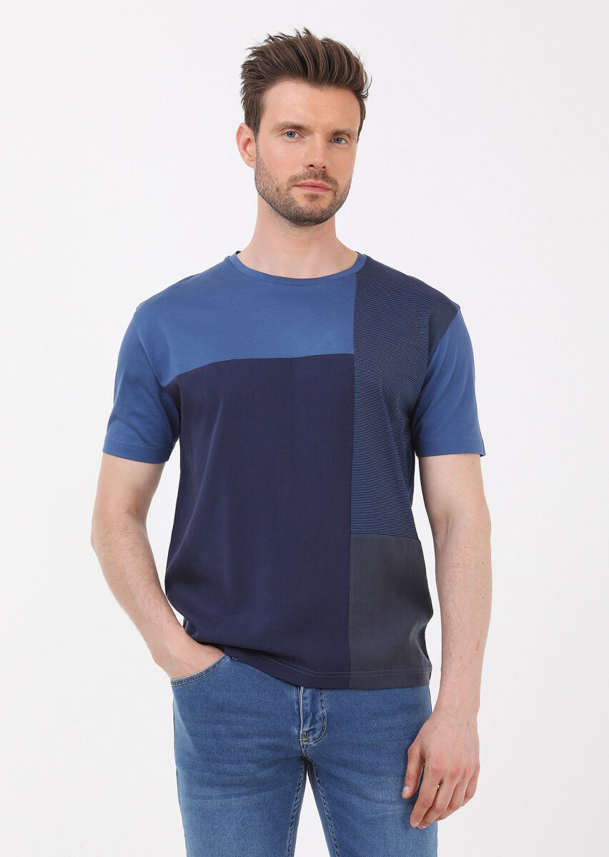 İndigo Çizgili Bisiklet Yaka %100 Pamuk T-Shirt - 1
