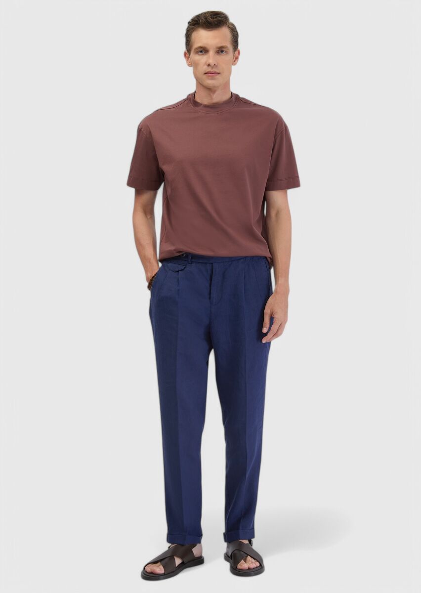 İndigo Çizgili Dokuma Carrot Fit Casual %100 Keten Pantolon - 1