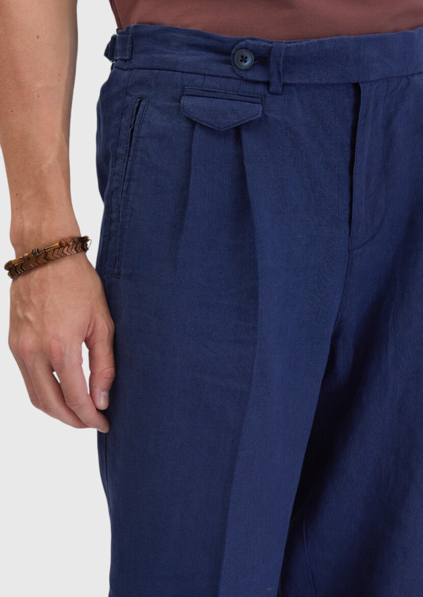 İndigo Çizgili Dokuma Carrot Fit Casual %100 Keten Pantolon - 3