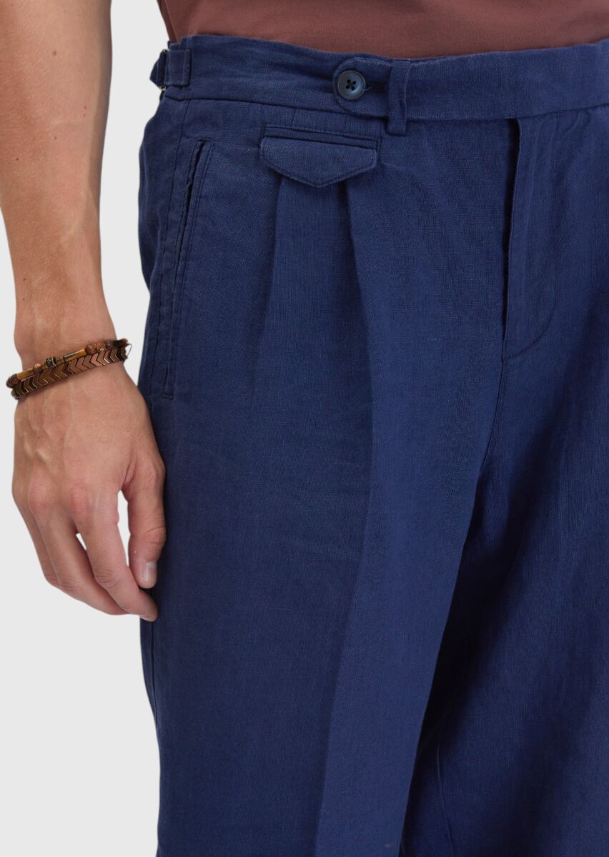 İndigo Çizgili Dokuma Carrot Fit Casual %100 Keten Pantolon - 3