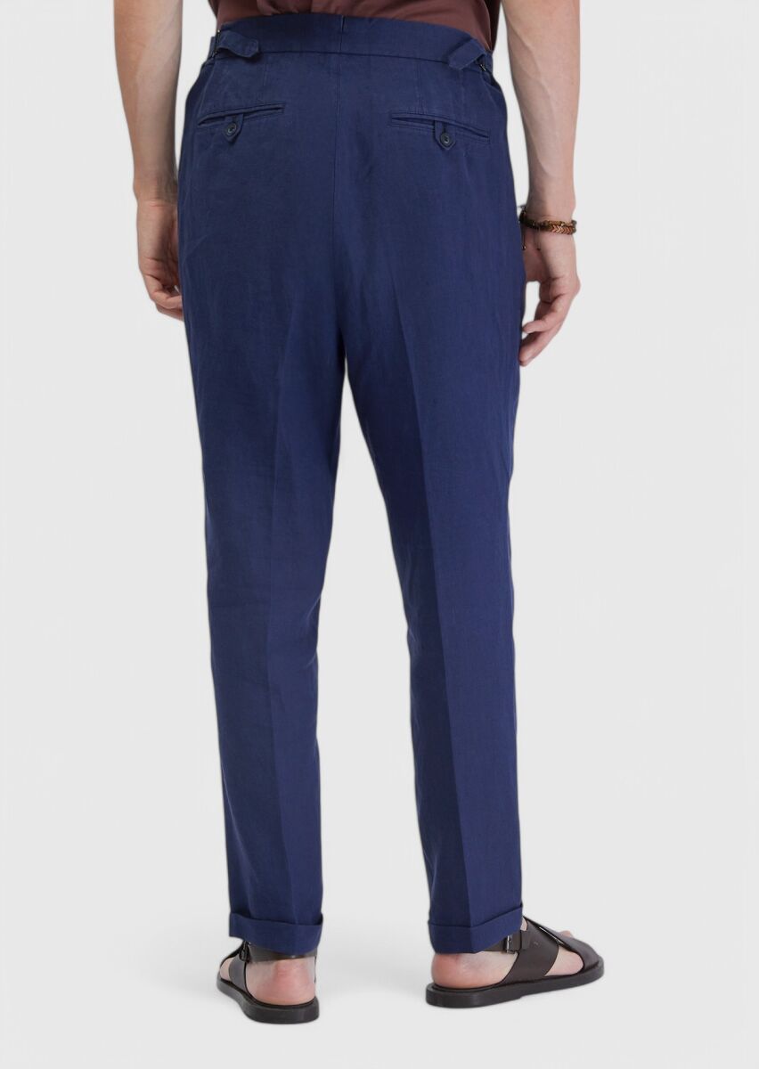 İndigo Çizgili Dokuma Carrot Fit Casual %100 Keten Pantolon - 5