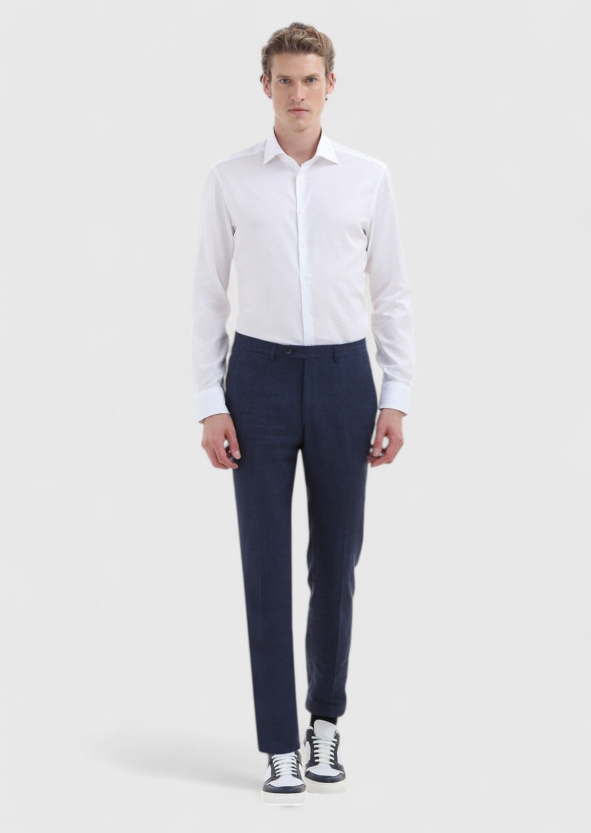 İndigo Çizgili Kumaş Modern Fit Klasik %100 Keten Pantolon - 1