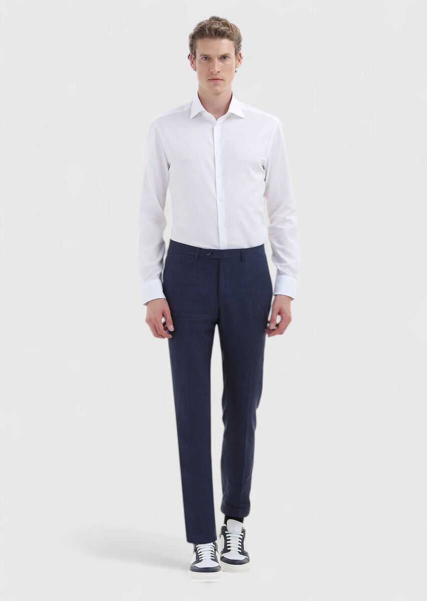 İndigo Çizgili Kumaş Modern Fit Klasik %100 Keten Pantolon - 1