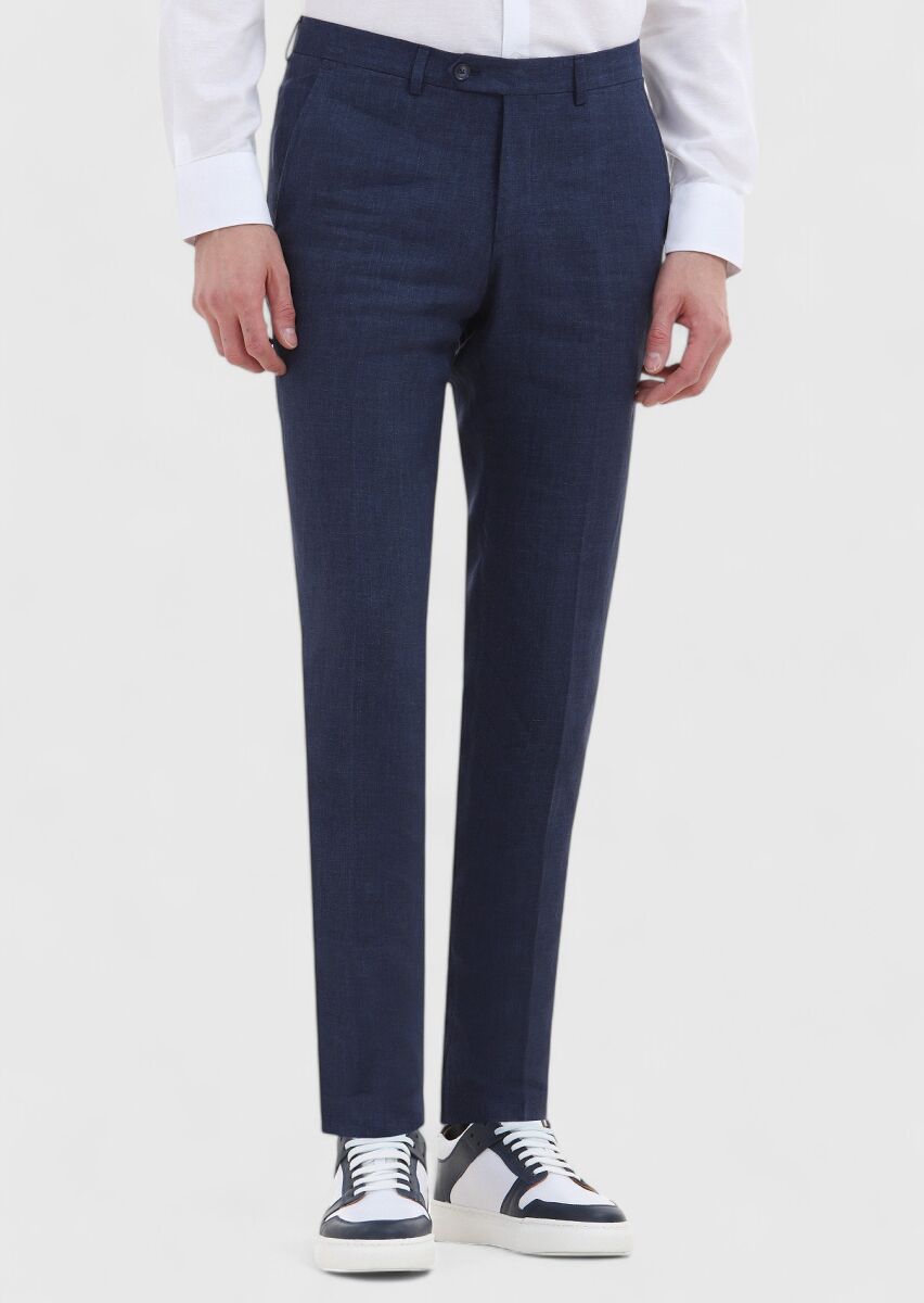 İndigo Çizgili Kumaş Modern Fit Klasik %100 Keten Pantolon - 2