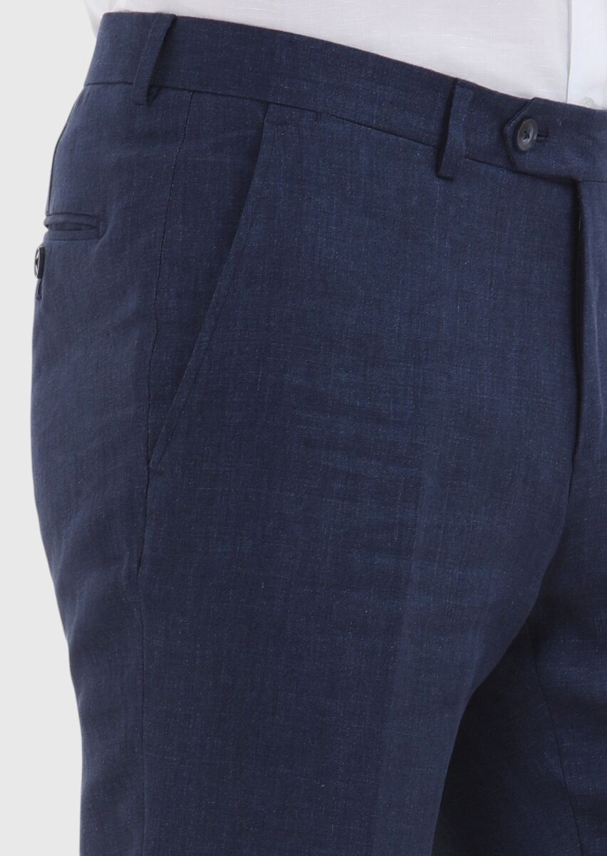 İndigo Çizgili Kumaş Modern Fit Klasik %100 Keten Pantolon - 3