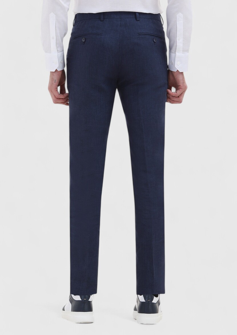 İndigo Çizgili Kumaş Modern Fit Klasik %100 Keten Pantolon - 4