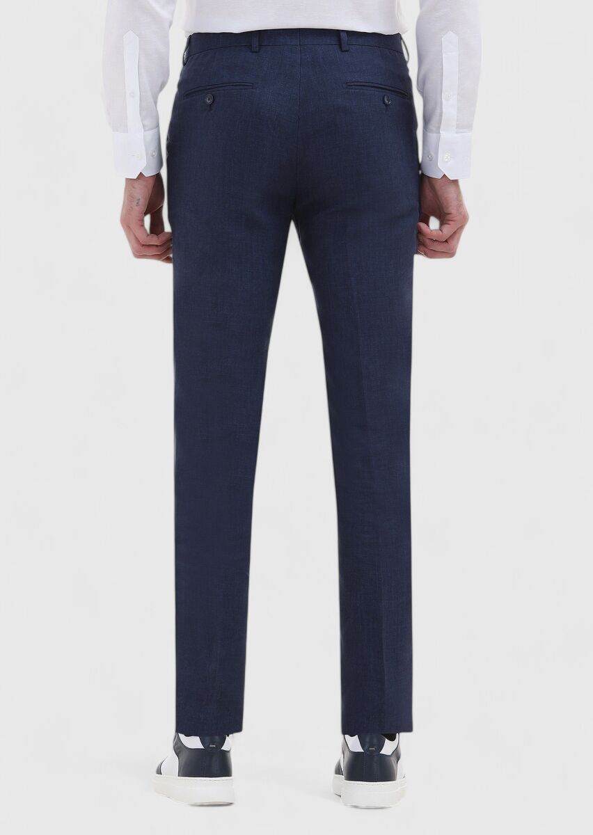 İndigo Çizgili Kumaş Modern Fit Klasik %100 Keten Pantolon - 4