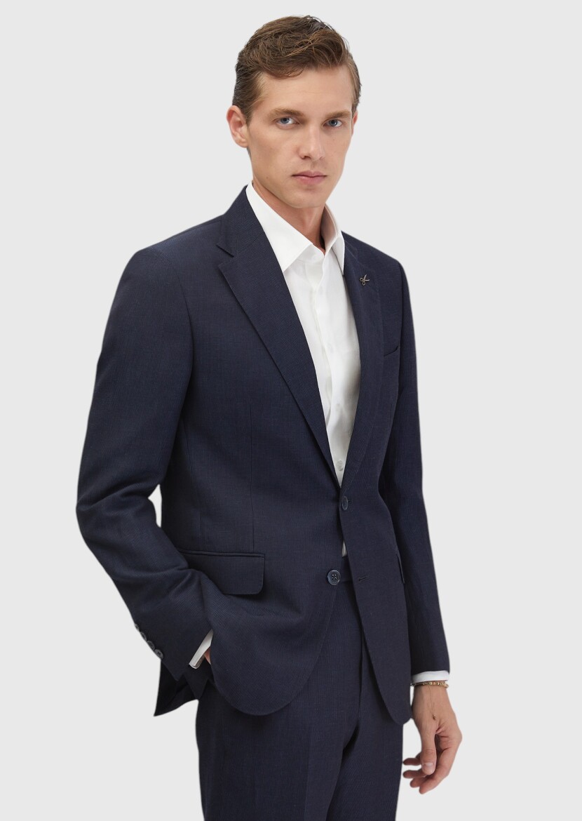 İndigo Çizgili Zeroweight Slim Fit Yün Karışımlı Takım Elbise - RAMSEY