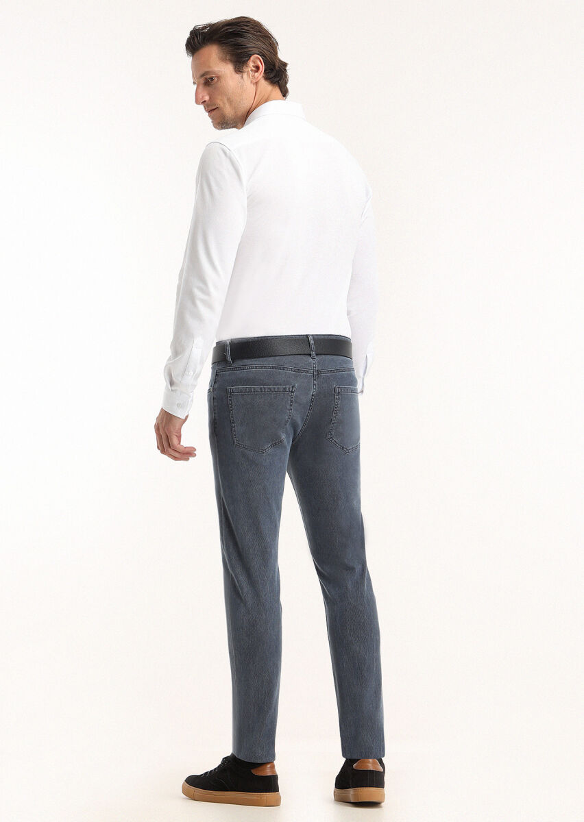 İndigo Desenli Dokuma Slim Fit Casual Pamuk Karışımlı Pantolon - 4