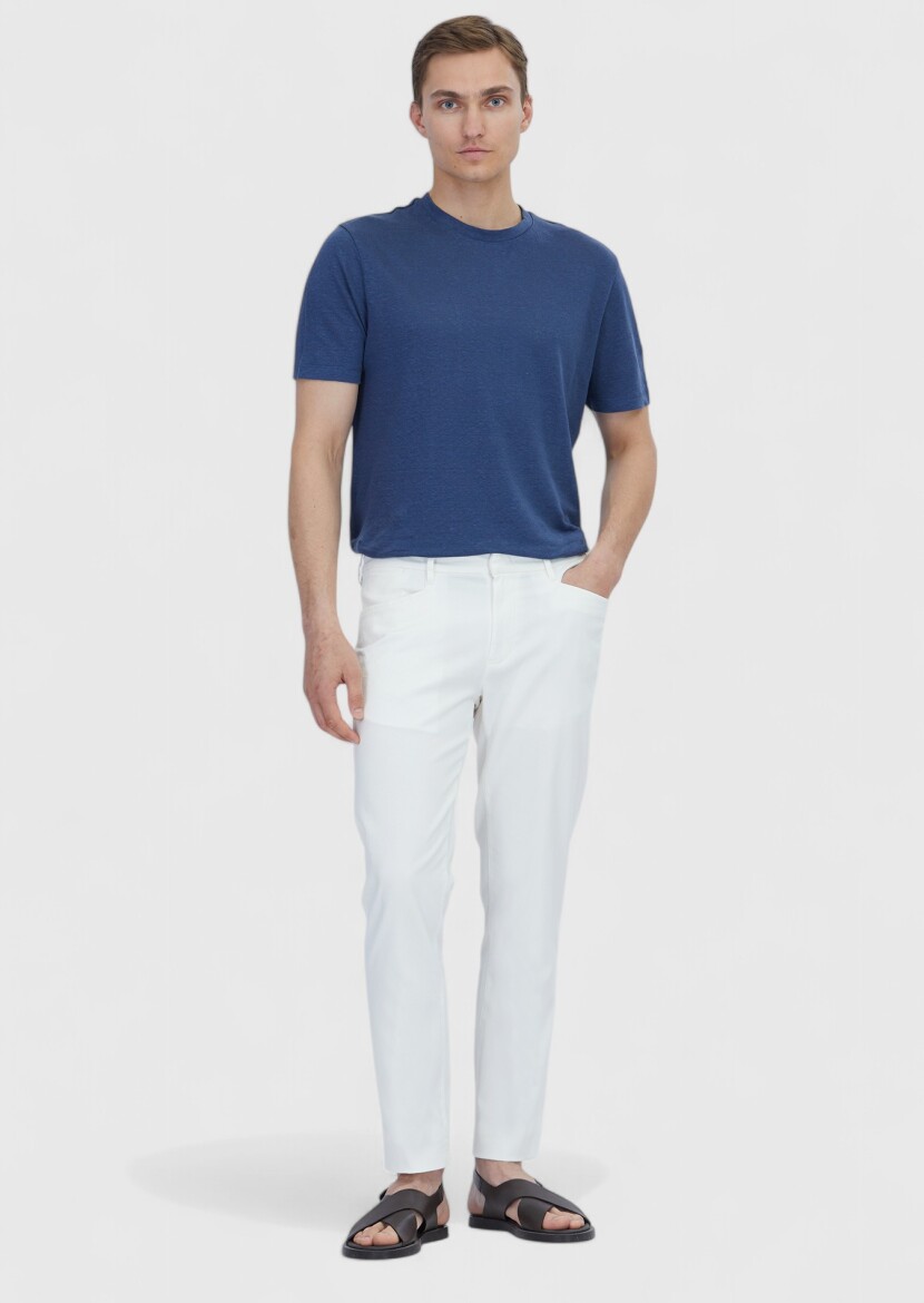 İndigo Düz Bisiklet Yaka %100 Keten T-Shirt - RAMSEY