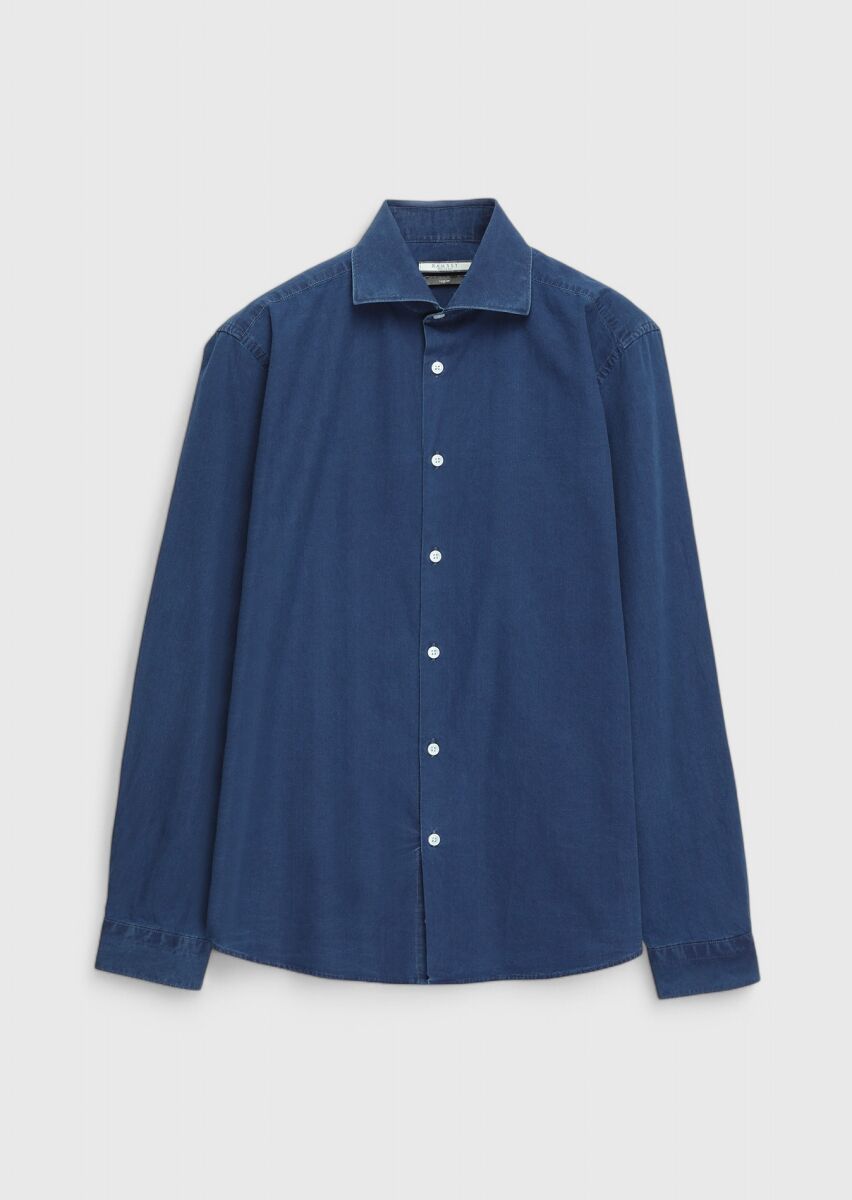 İndigo Düz Casual Fit Dokuma Casual %100 Pamuk Gömlek - 1