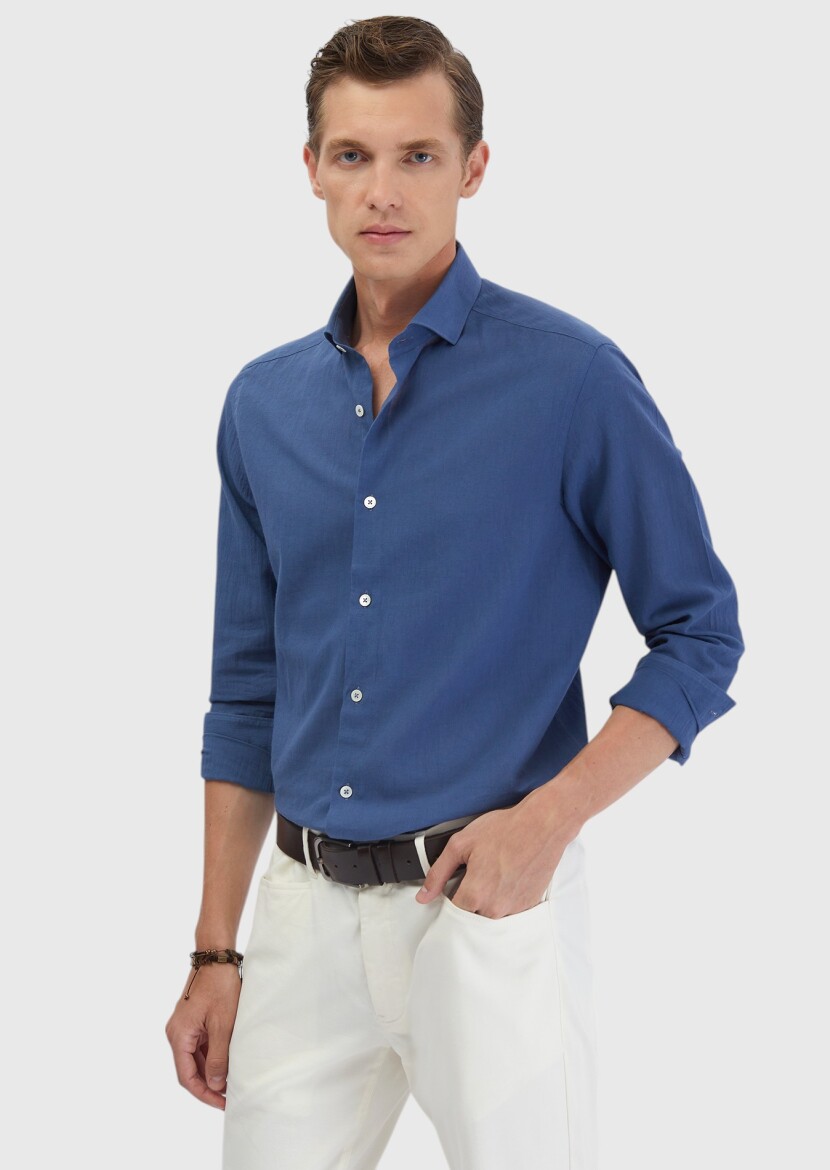 İndigo Düz Casual Fit Dokuma Casual %100 Pamuk Gömlek - 1