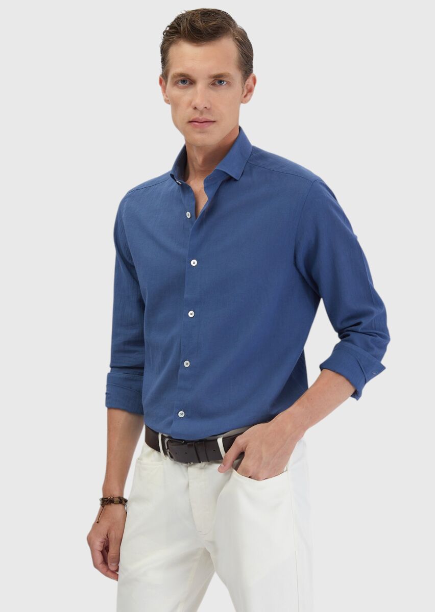 İndigo Düz Casual Fit Dokuma Casual %100 Pamuk Gömlek - 1