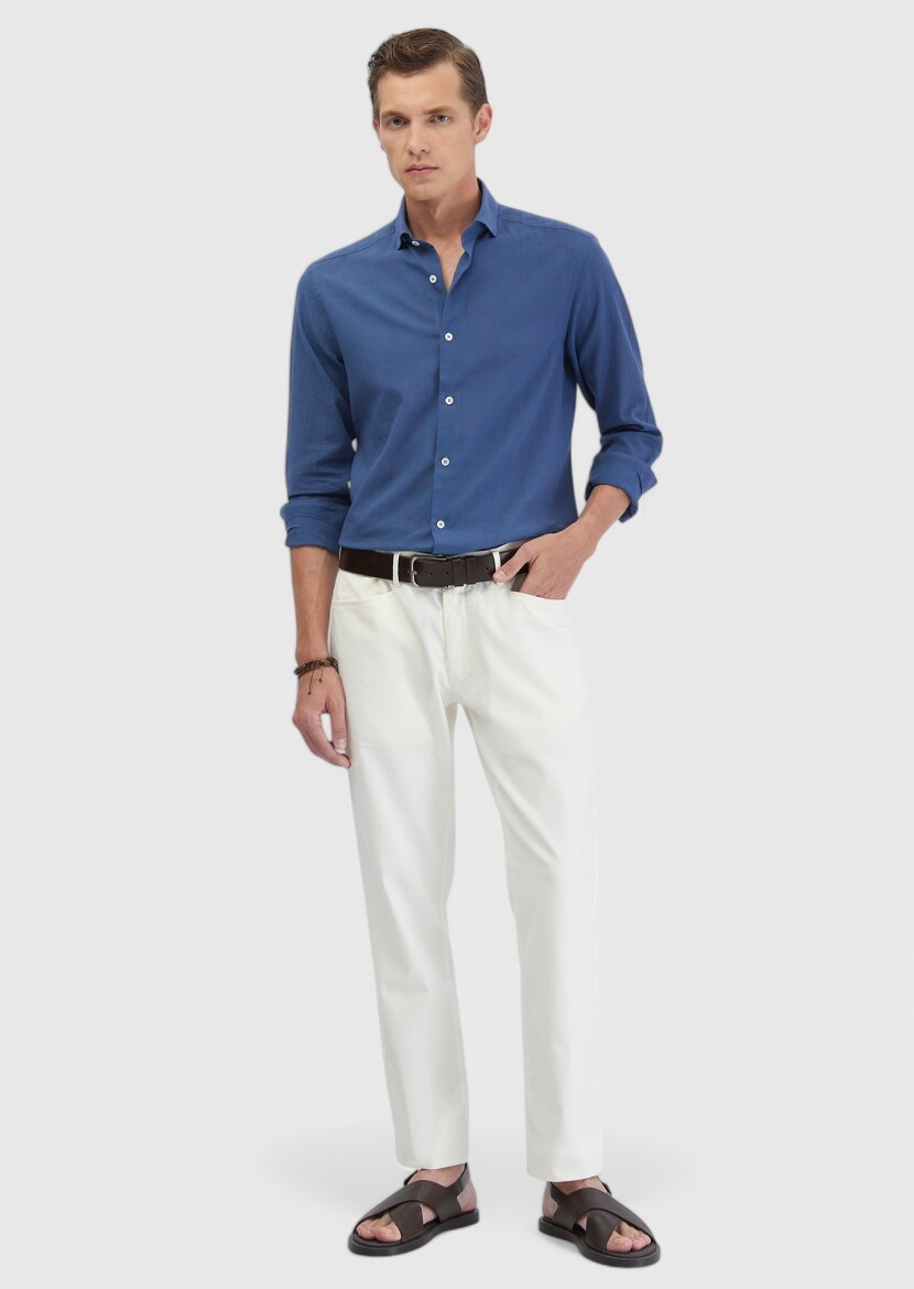 İndigo Düz Casual Fit Dokuma Casual %100 Pamuk Gömlek 