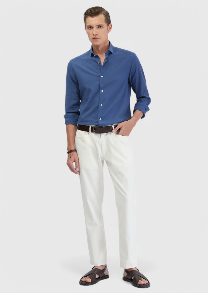 İndigo Düz Casual Fit Dokuma Casual %100 Pamuk Gömlek - 2