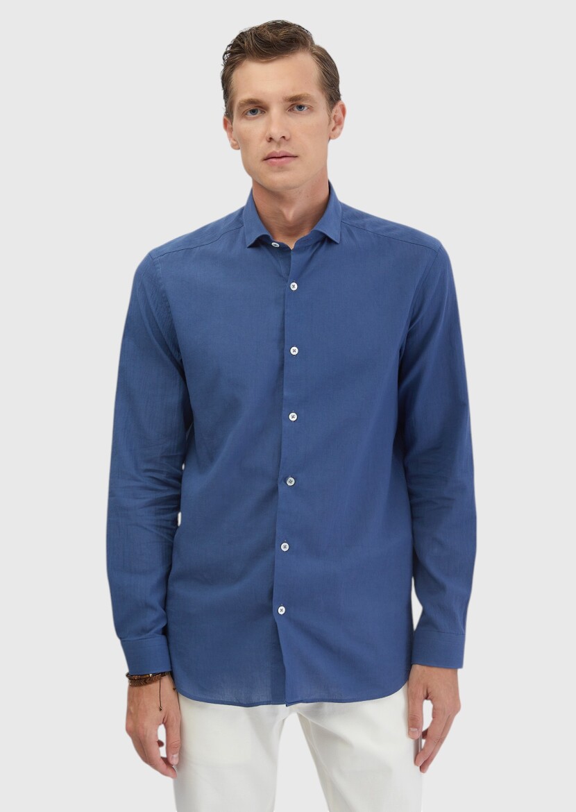 İndigo Düz Casual Fit Dokuma Casual %100 Pamuk Gömlek - 3