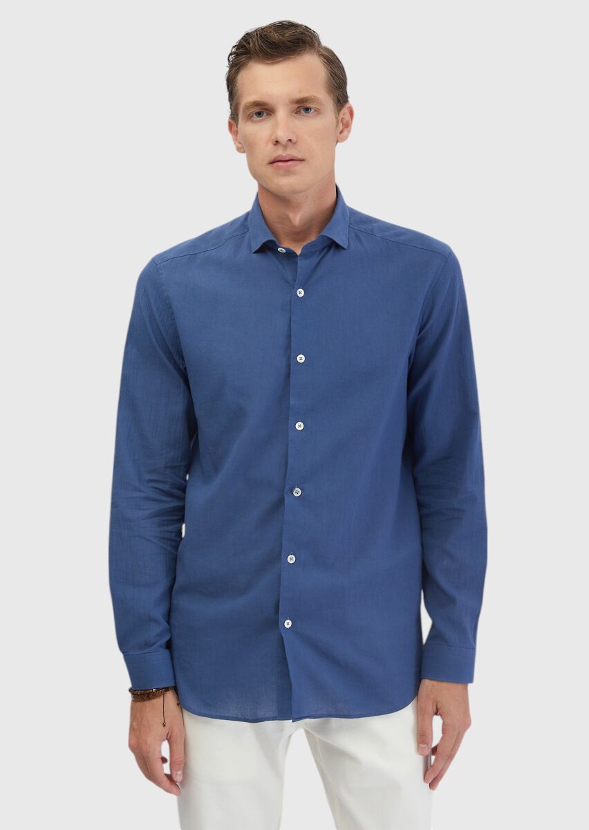 İndigo Düz Casual Fit Dokuma Casual %100 Pamuk Gömlek - 3