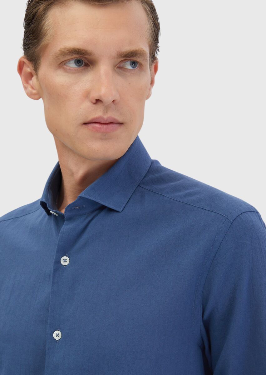 İndigo Düz Casual Fit Dokuma Casual %100 Pamuk Gömlek - 4