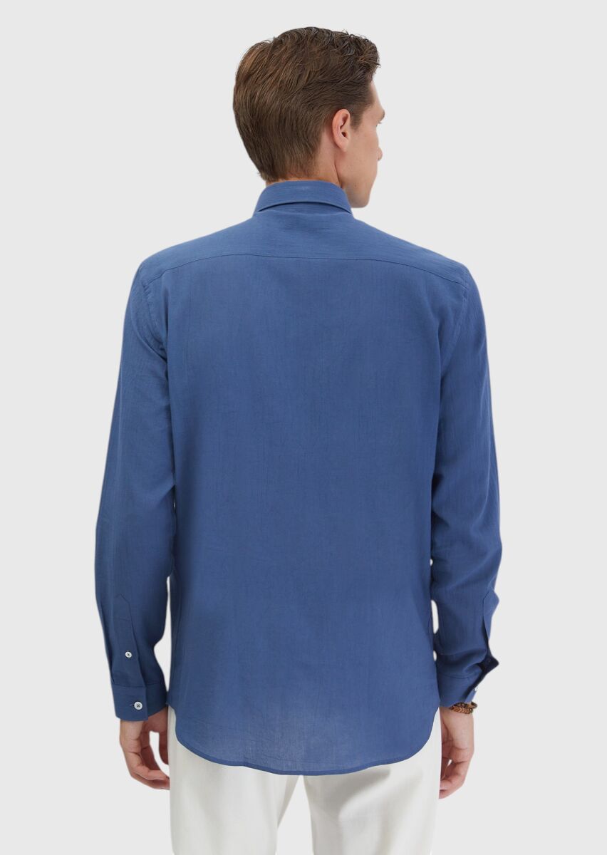 İndigo Düz Casual Fit Dokuma Casual %100 Pamuk Gömlek - 5
