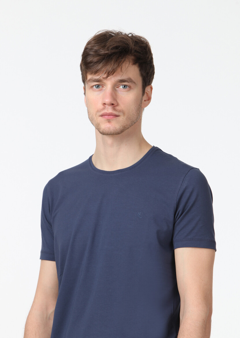 İndigo Düz Pamuk Karışımlı T-Shirt - 3