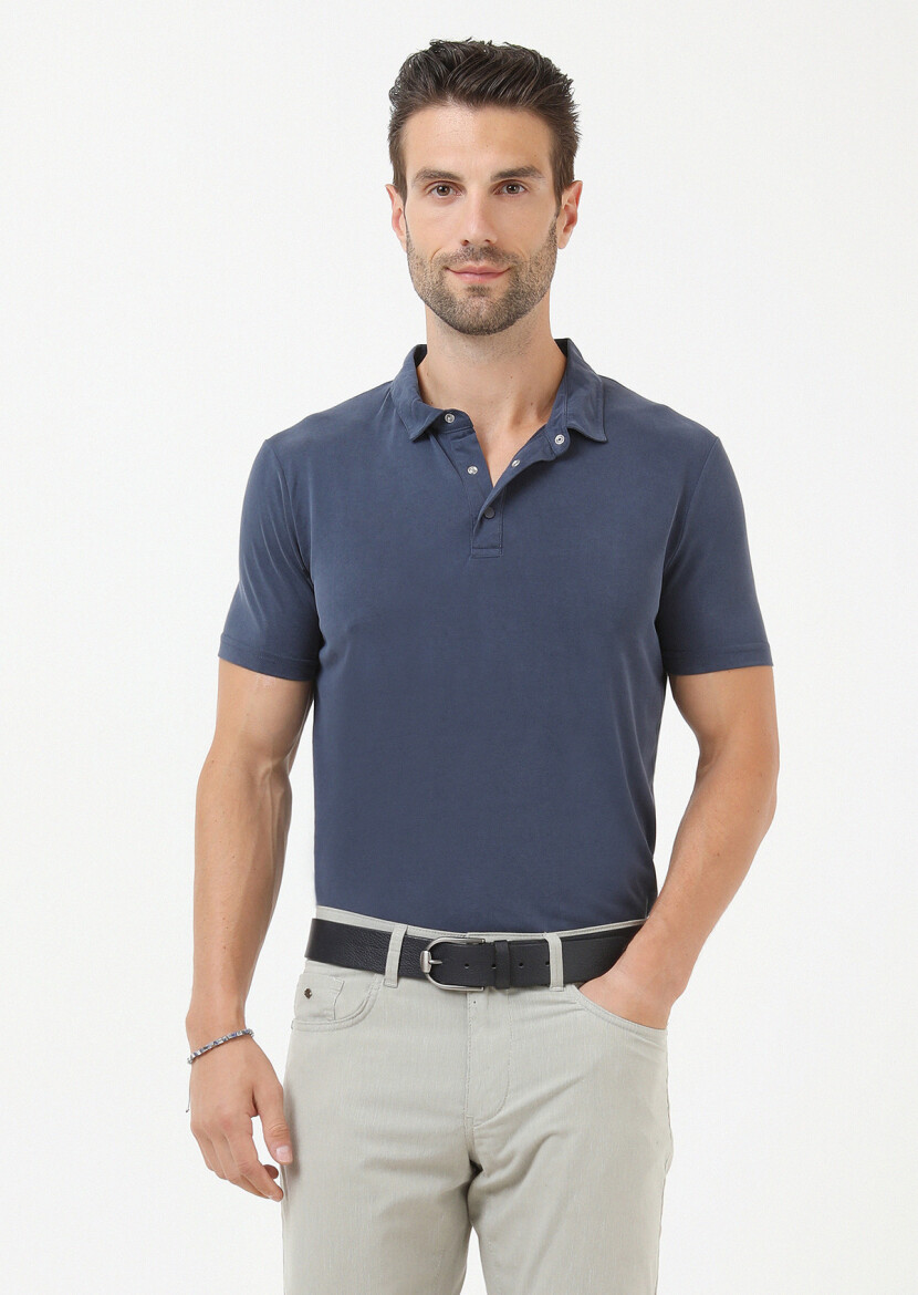 İndigo Düz Polo Yaka %100 Pamuk T-Shirt - 2
