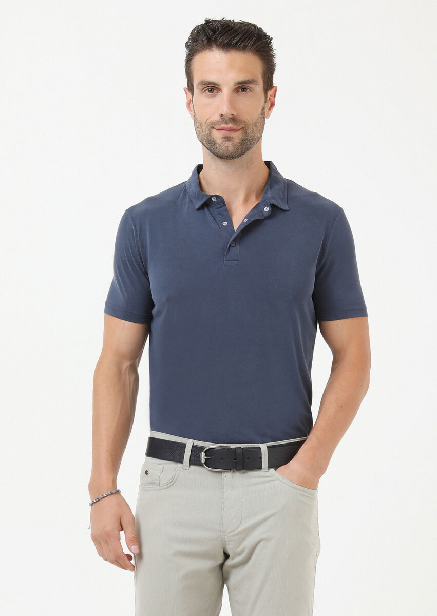 İndigo Düz Polo Yaka %100 Pamuk T-Shirt - 2