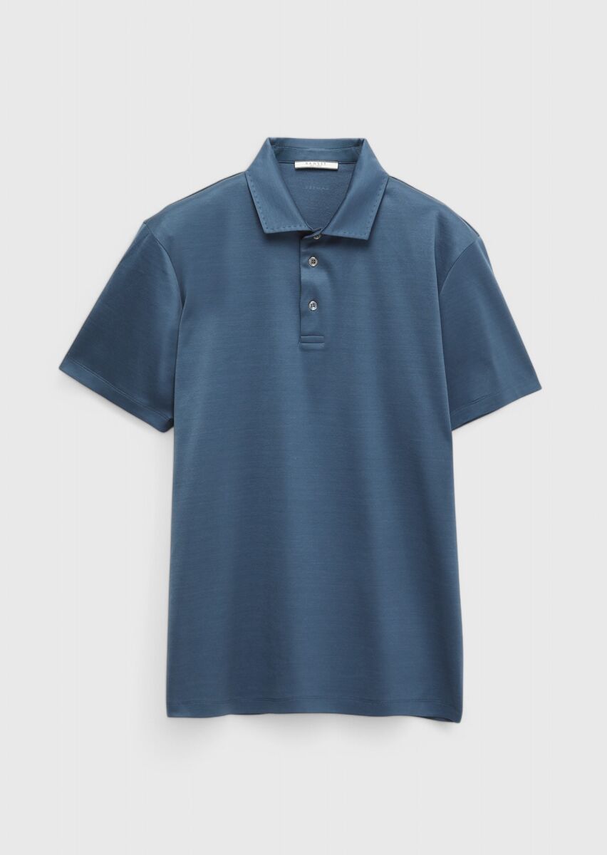 İndigo Düz Polo Yaka %100 Pamuk T-Shirt - 6