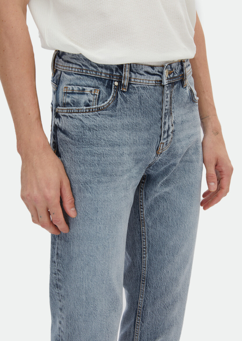 İndigo Düz Regular Fit Denim Pamuk Karışımlı Pantolon - 3