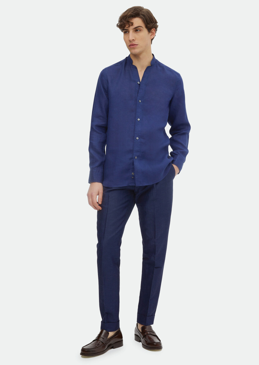 İndigo Düz Regular Fit Dokuma Casual %100 Keten Gömlek 