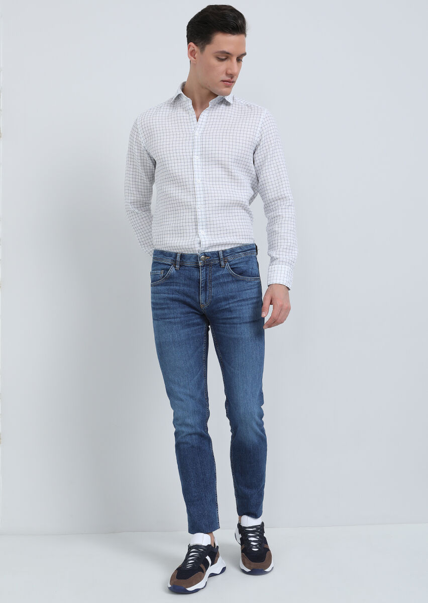 İndigo Düz Slim Fit Denim Pamuk Karışımlı Pantolon - 1