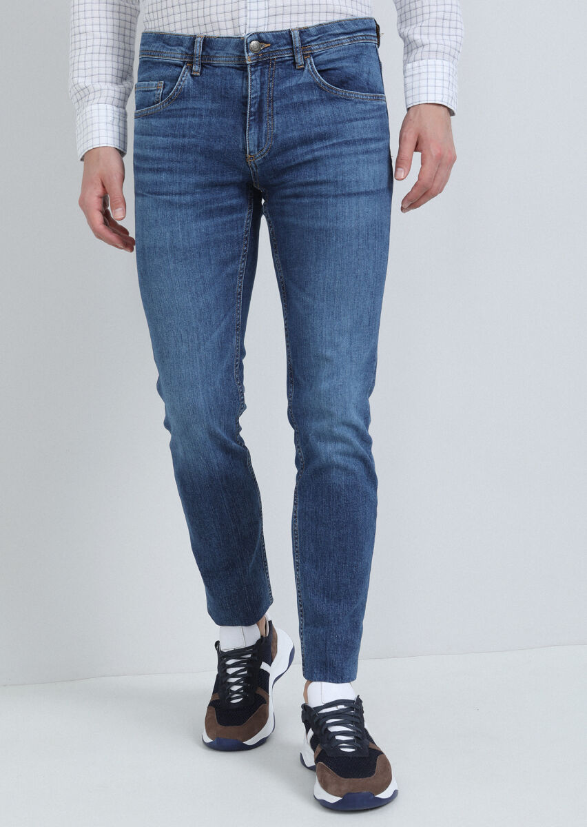 İndigo Düz Slim Fit Denim Pamuk Karışımlı Pantolon - 3