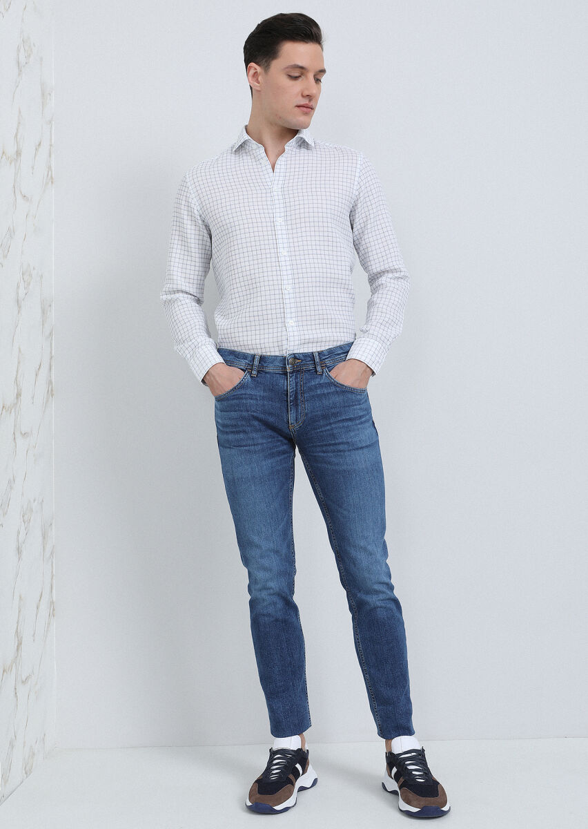 İndigo Düz Slim Fit Denim Pamuk Karışımlı Pantolon - 4