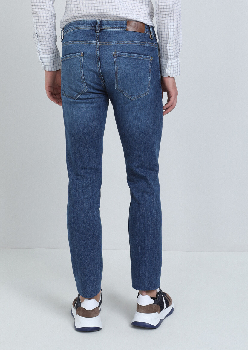 İndigo Düz Slim Fit Denim Pamuk Karışımlı Pantolon - 5