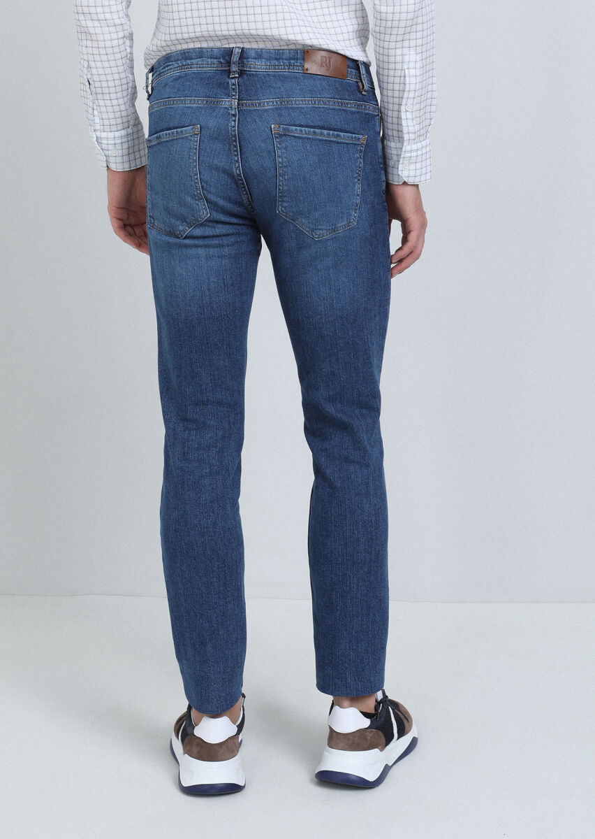 İndigo Düz Slim Fit Denim Pamuk Karışımlı Pantolon - 5