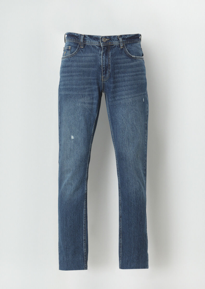 İndigo Düz Slim Fit Denim Pamuk Karışımlı Pantolon - 6