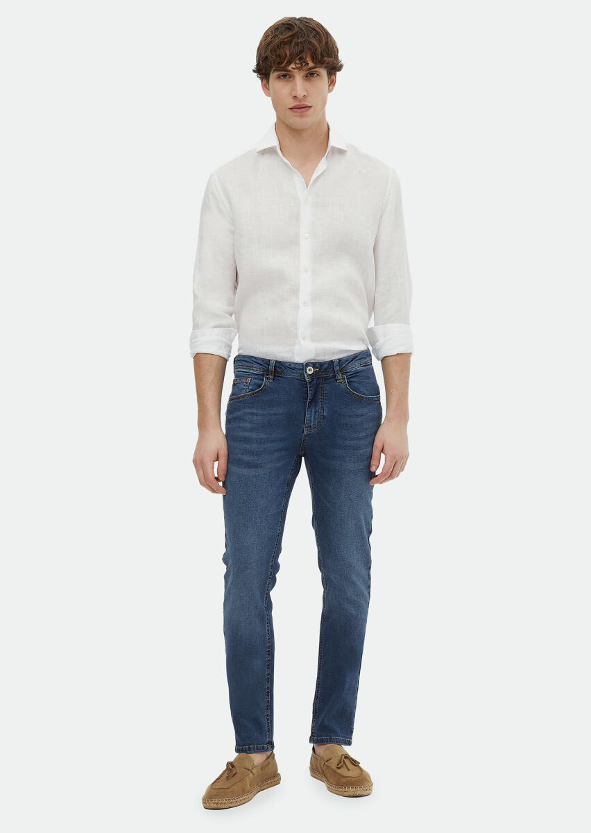 İndigo Düz Slim Fit Denim Pamuk Karışımlı Pantolon - 1
