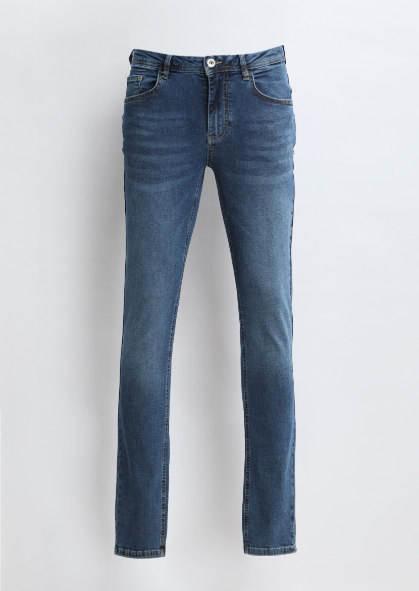 İndigo Düz Slim Fit Denim Pamuk Karışımlı Pantolon - 6