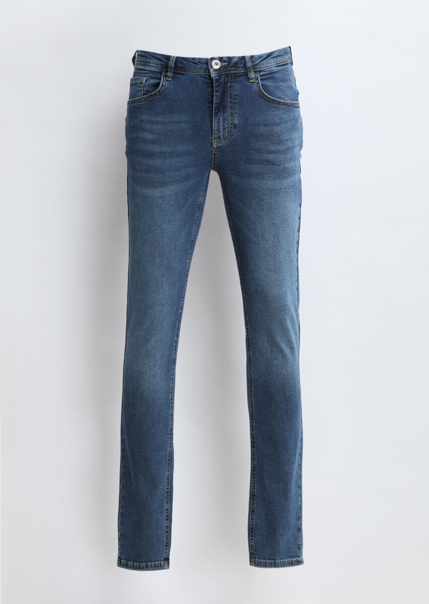 İndigo Düz Slim Fit Denim Pamuk Karışımlı Pantolon - 6
