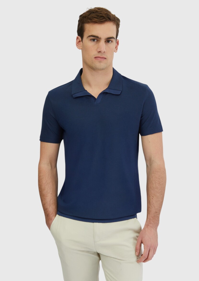 Indigo Jacquard Polo Neck 100% Cotton T-Shirt - 1