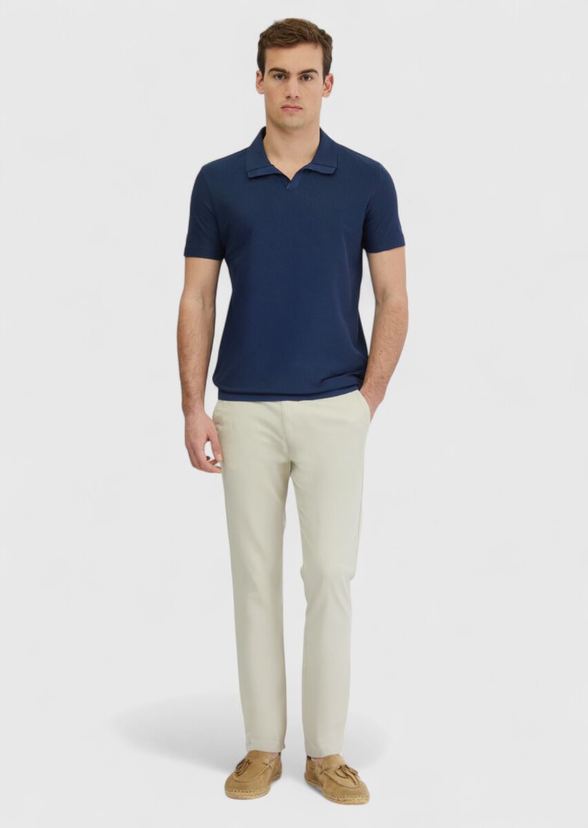 Indigo Jacquard Polo Neck 100% Cotton T-Shirt - 2