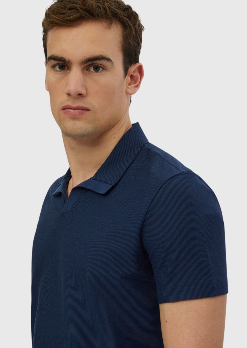 Indigo Jacquard Polo Neck 100% Cotton T-Shirt - 4