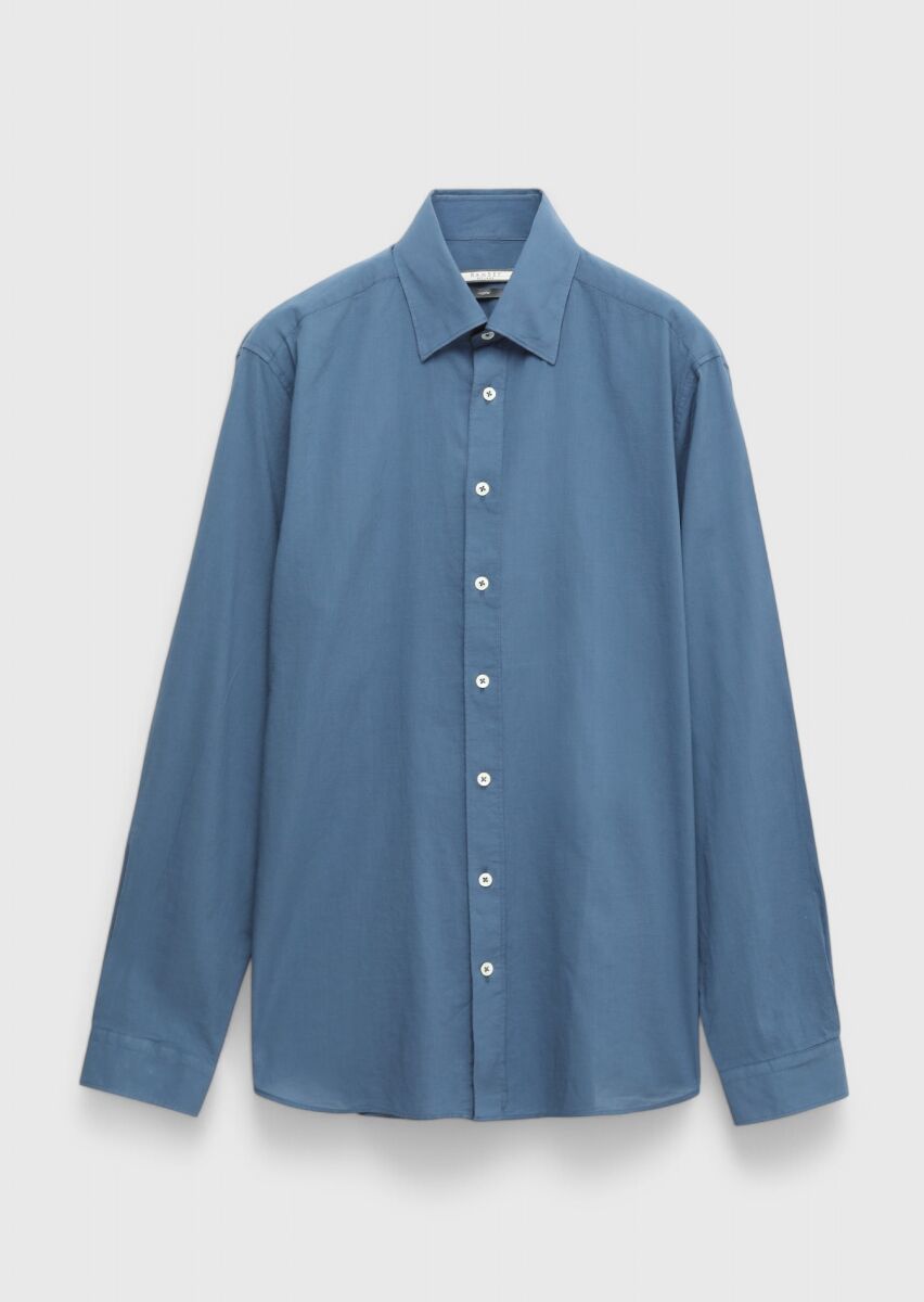 Indigo Plain Casual Fit Weaving Casual 100% Cotton Shirt - 6