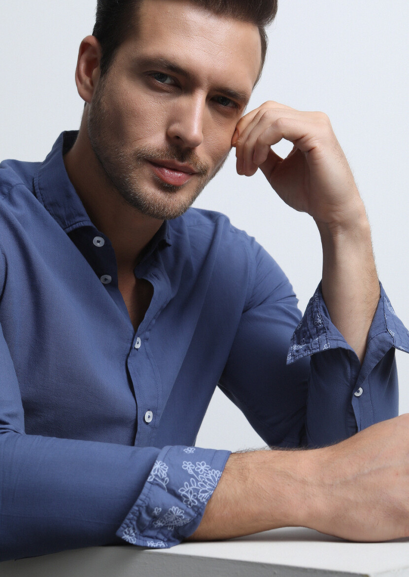 İndigo Regular Fit Dokuma Denim %100 Pamuk Gömlek - 1
