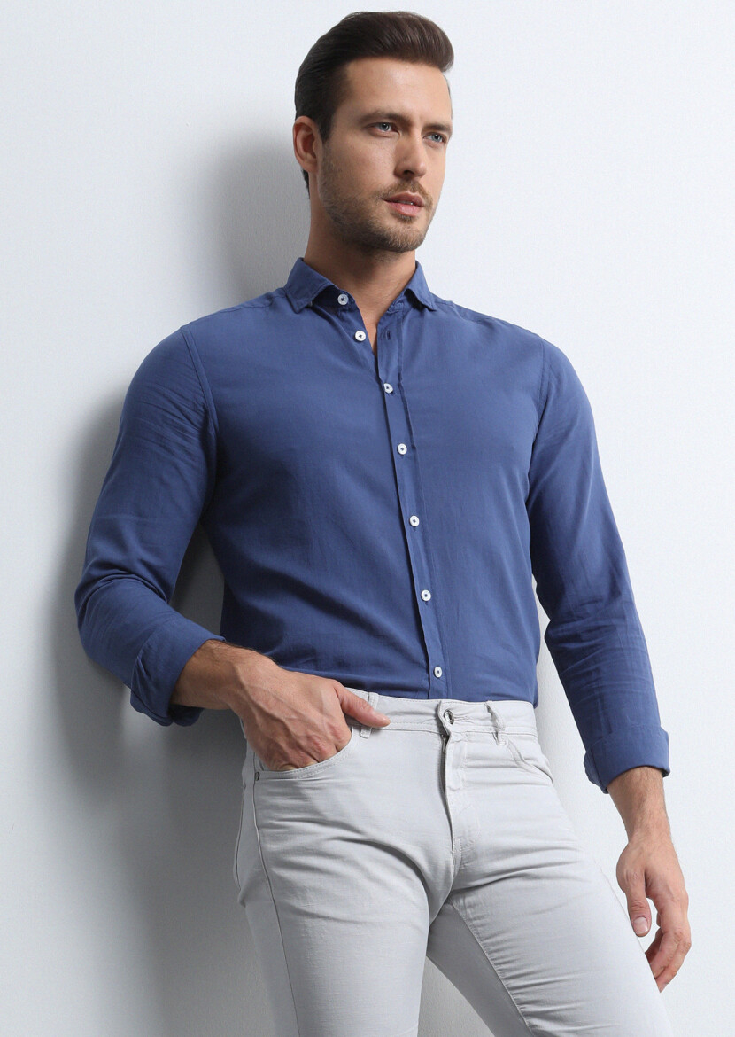 İndigo Regular Fit Dokuma Denim %100 Pamuk Gömlek - 3